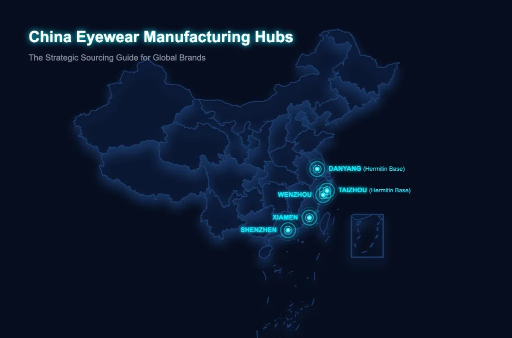 China Eyewear Manufacturing Hubs Map - Danyang, Taizhou, Shenzhen, Wenzhou, Xiamen
