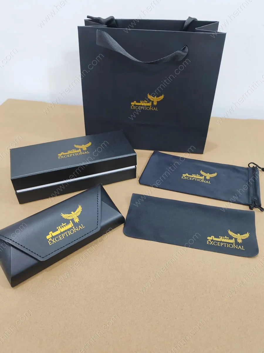 Custom Luxury Black & Gold Eyewear Packaging Suite with Gift Bag & Rigid Box — Custom Eyewear Branding Prototype (LOG #3833)