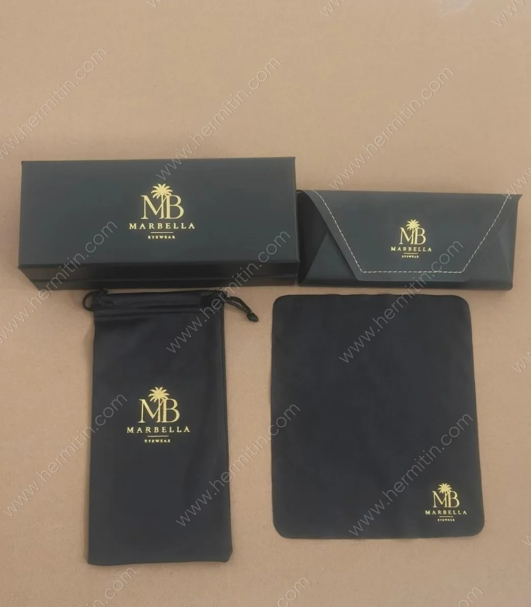 Custom Metallic Gold Stamped Black Eyewear Packaging Suite (Box, Case & Cloth) — Custom Eyewear Branding Prototype (LOG #3830)