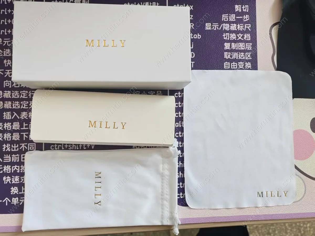 Custom Gold Foil-Stamped White Eyewear Packaging Suite (Box, Case, Pouch & Cloth) — Custom Eyewear Branding Prototype (LOG #3834)