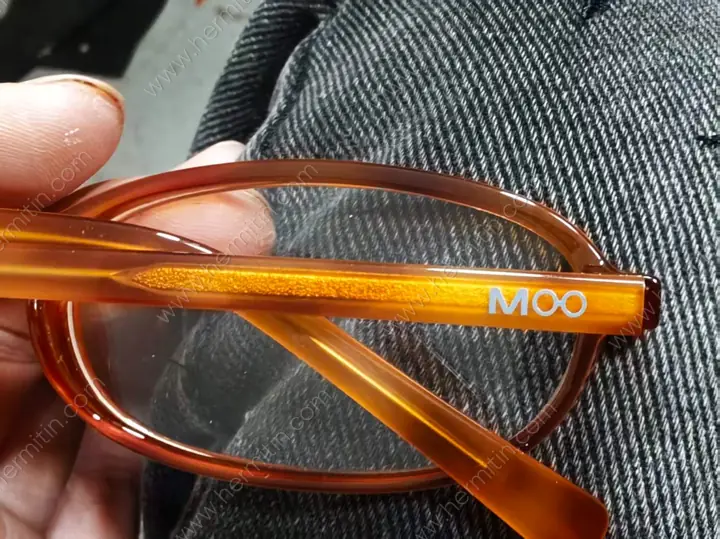 Precision Silver Foil Stamping on Eyewear Temple — Custom Eyewear Branding Prototype (LOG #3844)