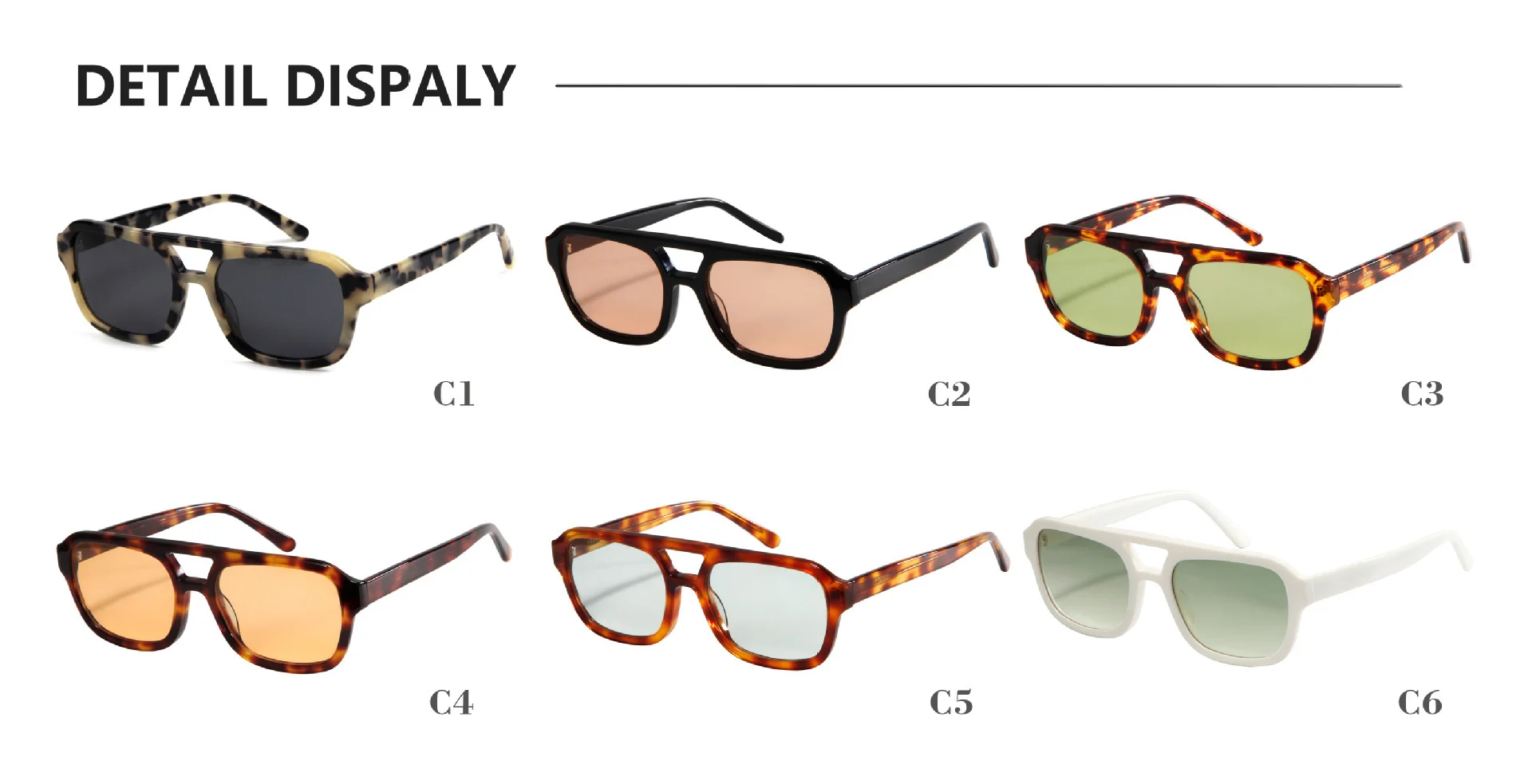 Tortoiseshell Frame Grey Lens, Black Frame Orange Lens, Tortoiseshell Frame Green Lens, Tortoiseshell Frame Orange Lens, Tortoiseshell Frame Blue Lens, White Frame Gradient Green Lens Acetate Trendy Oversized Square Double Bridge Acetate Sunglasses for Women | Fashion Street Style Runway Shades - Details 1