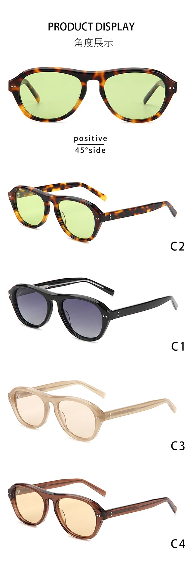 Glossy Black Gradient Grey Lens, Tortoiseshell Green Lens, Pink Frame Pink Lens, Clear Tea Tea Lens Acetate Oversized OAA Acetate Sunglasses | Cross-Border Trendy Rivet Aviator Polarized Shades - Details 3