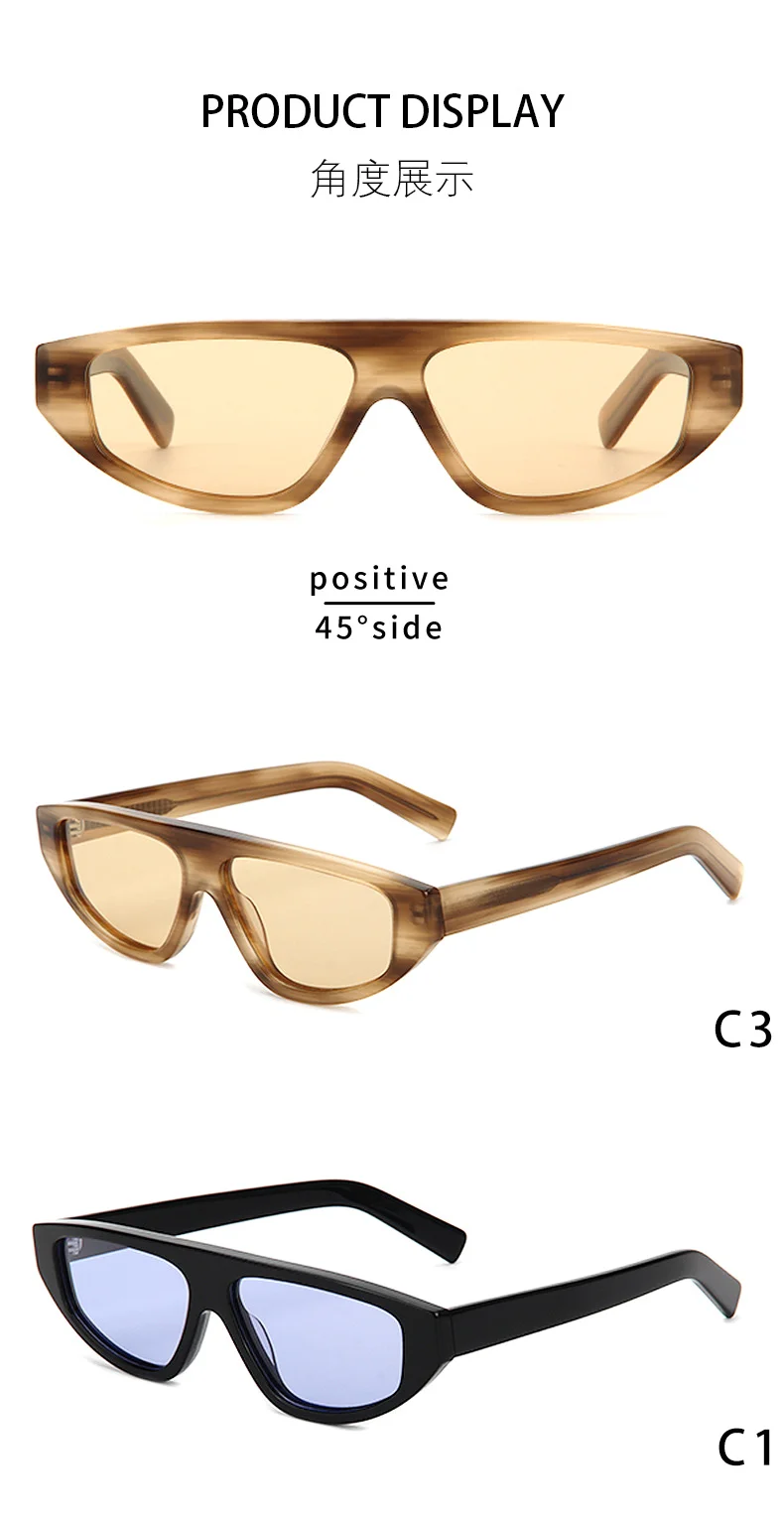 Glossy Black Purple Lens, Tortoiseshell Green Lens, Brown Stripe Orange Lens, Grey Stripe Grey Lens, Clear Grey Blue Lens Acetate Edgy Cool Small Frame Acetate Sunglasses | Trendy Personalized Triangle Aviator Shades for Street Styling - Details 7