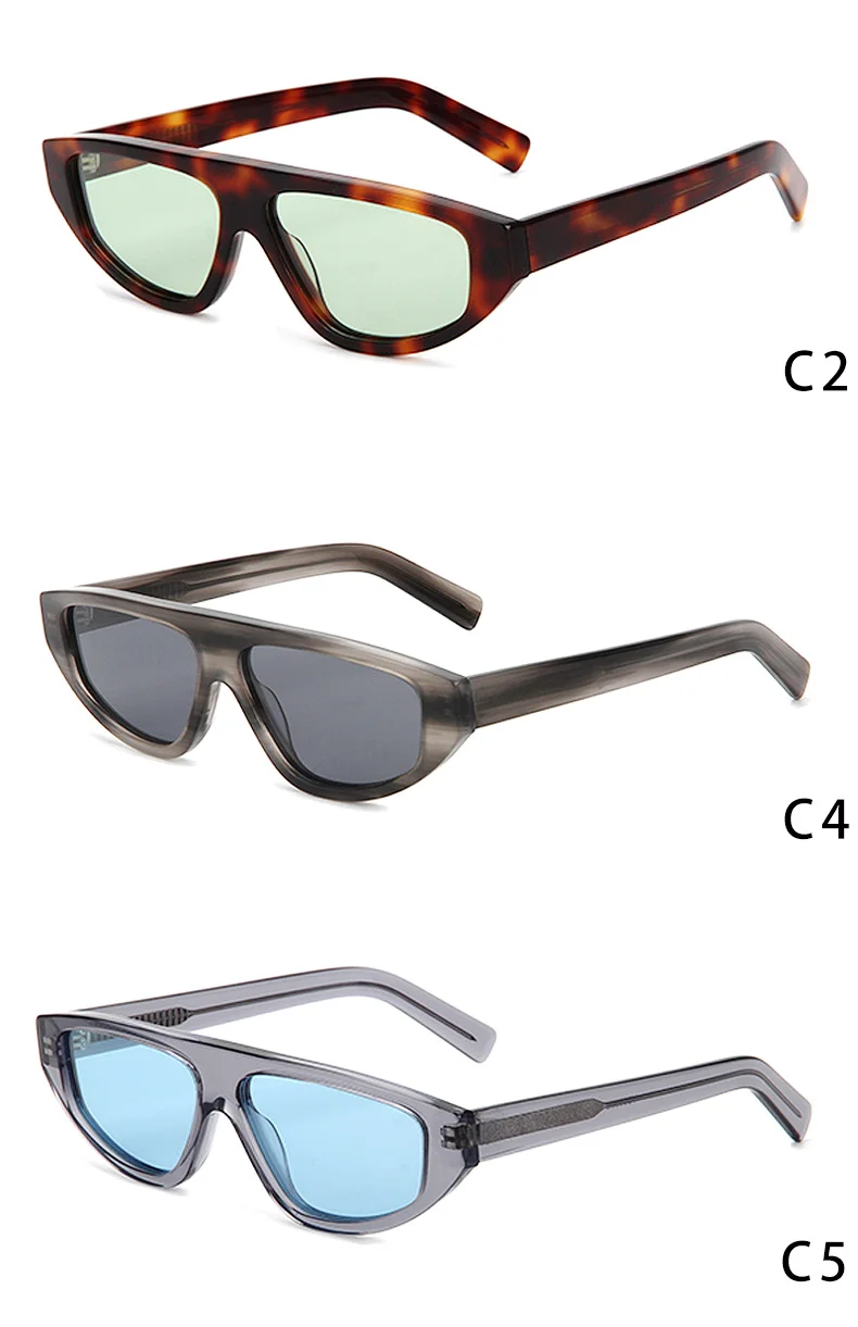 Glossy Black Purple Lens, Tortoiseshell Green Lens, Brown Stripe Orange Lens, Grey Stripe Grey Lens, Clear Grey Blue Lens Acetate Edgy Cool Small Frame Acetate Sunglasses | Trendy Personalized Triangle Aviator Shades for Street Styling - Details 8