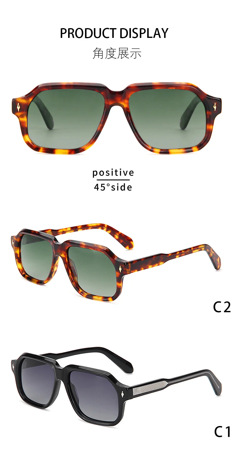 Glossy Black Gradient Grey Lens, Tortoiseshell Gradient Green Lens, Clear Grey Gradient Grey Lens, Dark Green Gradient Green Lens, Clear Tea Gradient Tea Lens Acetate Personalized Oversized Rivet Sunglasses for Men | Trendy Square Frame Outdoor Driving Polarized Acetate Shades - Details 3