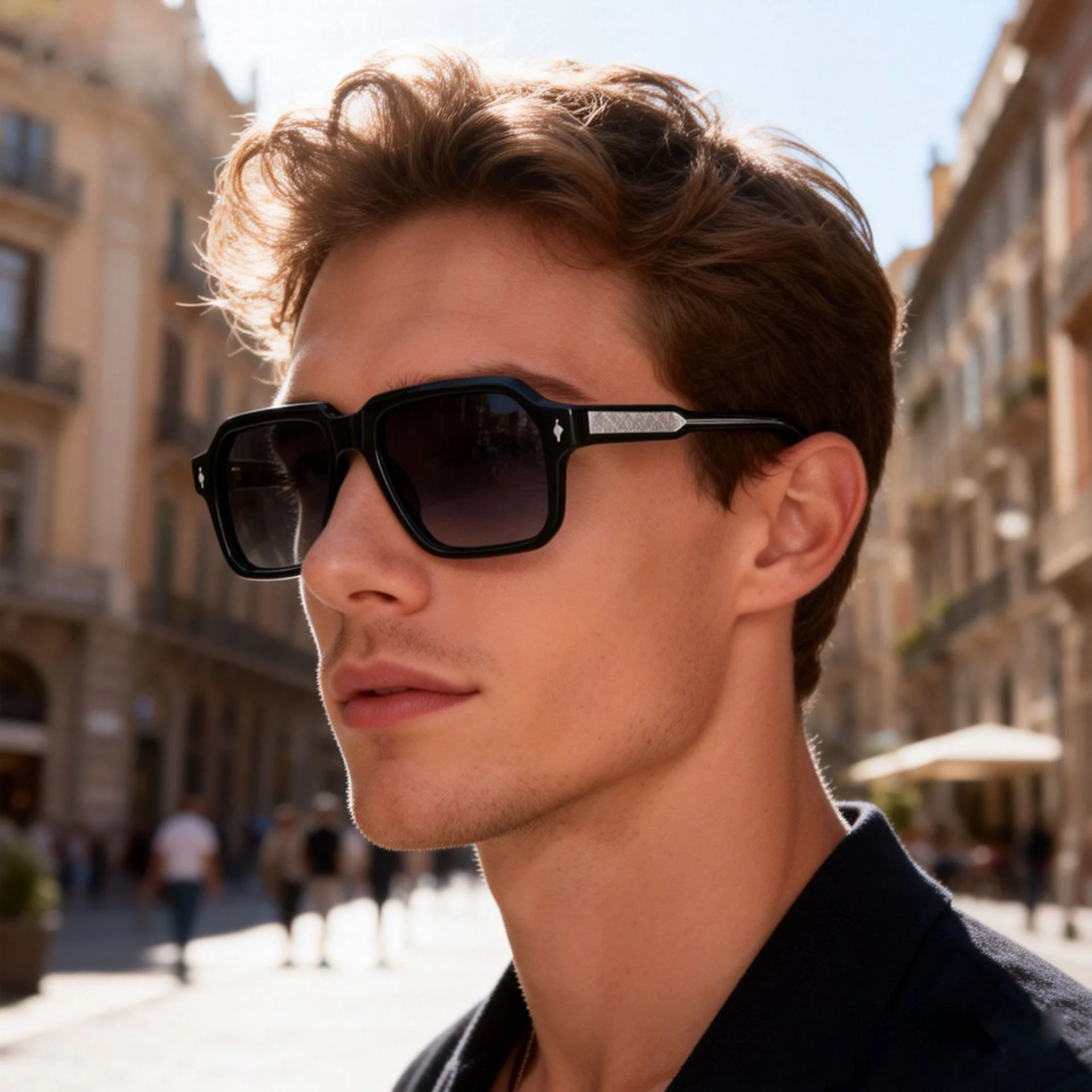 Glossy Black Gradient Grey Lens, Tortoiseshell Gradient Green Lens, Clear Grey Gradient Grey Lens, Dark Green Gradient Green Lens, Clear Tea Gradient Tea Lens Acetate Personalized Oversized Rivet Sunglasses for Men | Trendy Square Frame Outdoor Driving Polarized Acetate Shades - Details 5