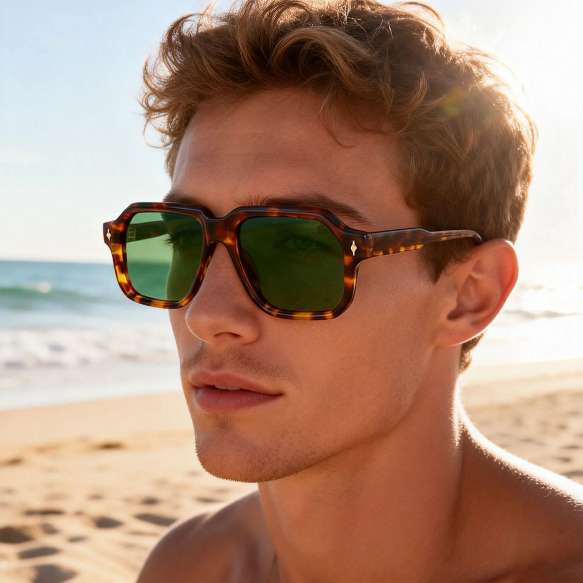 Glossy Black Gradient Grey Lens, Tortoiseshell Gradient Green Lens, Clear Grey Gradient Grey Lens, Dark Green Gradient Green Lens, Clear Tea Gradient Tea Lens Acetate Personalized Oversized Rivet Sunglasses for Men | Trendy Square Frame Outdoor Driving Polarized Acetate Shades - Details 6