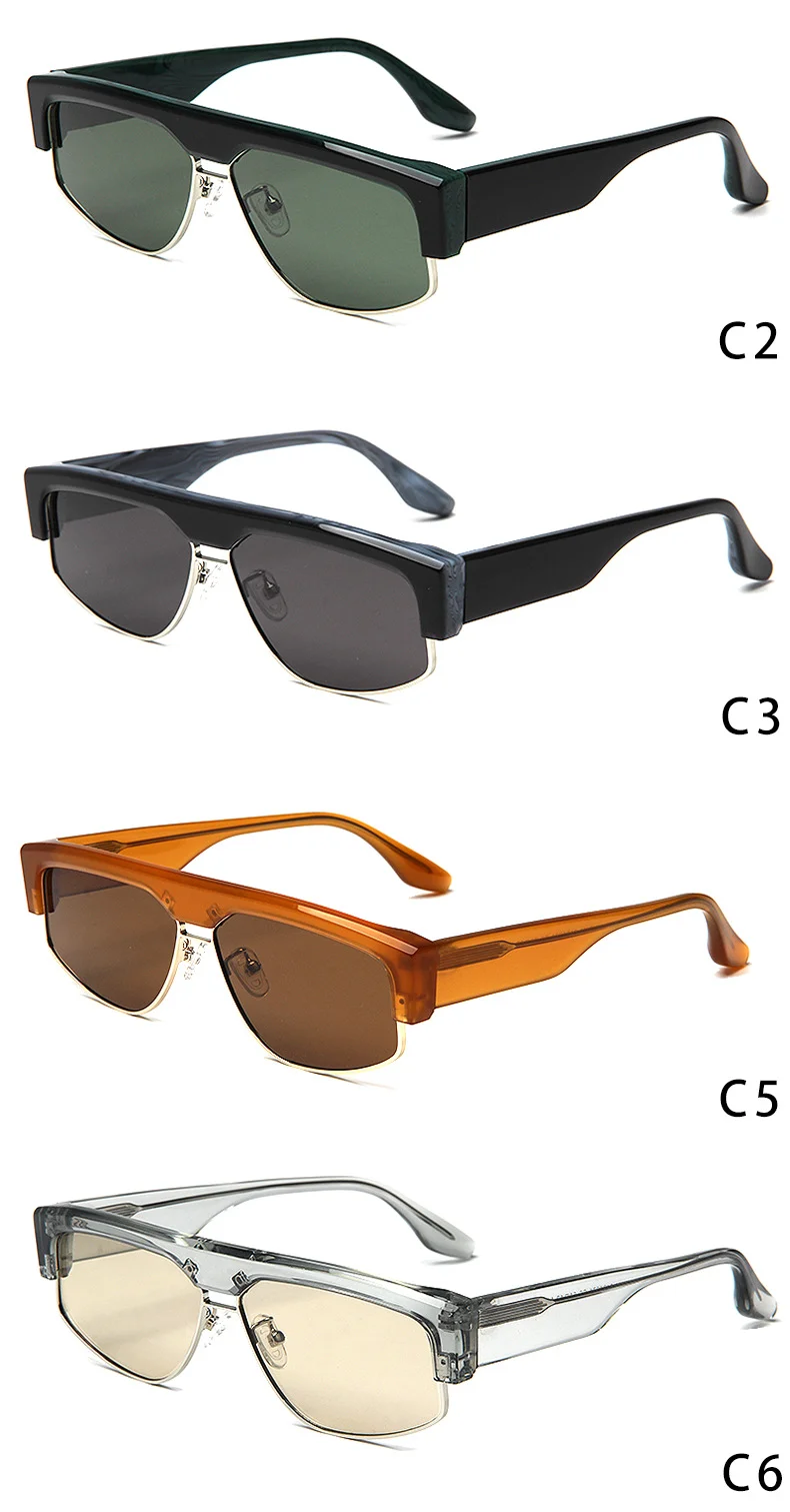 Glossy Black Grey Lens, Glossy Black Green Lens, Blue Stone Grain Grey Lens, Tortoiseshell Tea Lens, Clear Orange Tea Lens, Clear Grey Light Lens Acetate Trendy Square Frame Outdoor Cycling Fishing UV Protection Sunglasses for Men | Premium Acetate & Metal Mixed Shades - Details 3