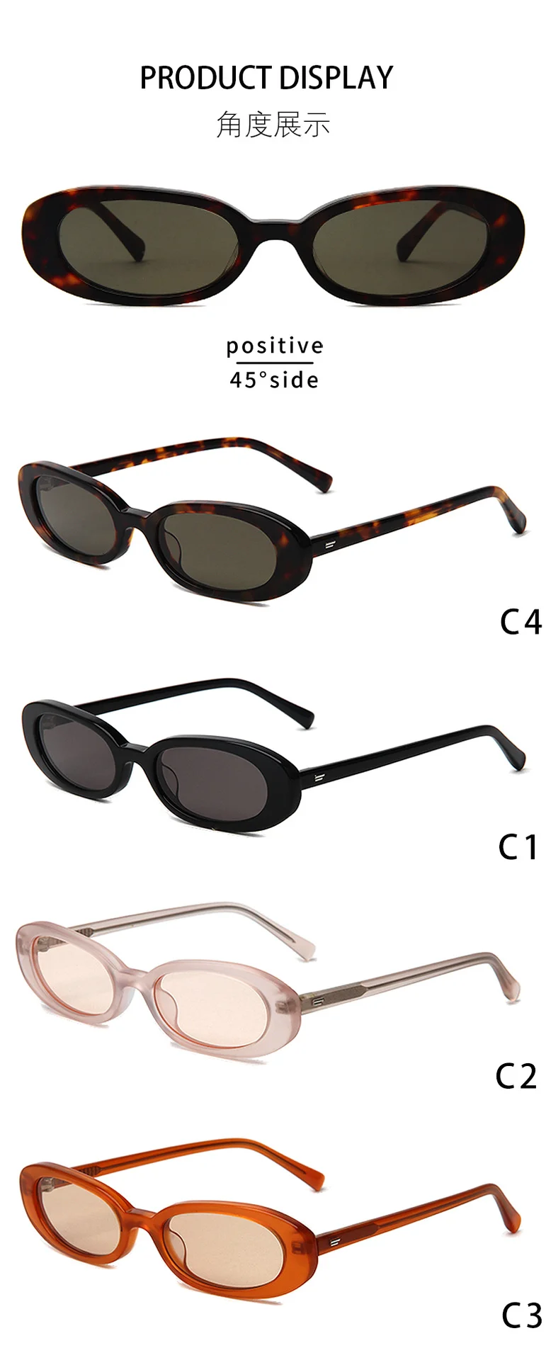 Glossy Black Grey Lens, Clear Pink Pink Lens, Clear Orange Tea Lens, Tortoiseshell Dark Lens Acetate Personalized Oval Small Frame Acetate Sunglasses for Women | Candy Color Street Style Premium UV Protection Shades - Details 2