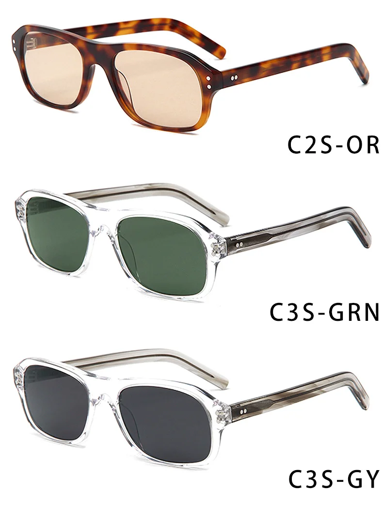 Glossy Black Tea Lens, Glossy Black Grey Lens, Tortoiseshell Blue Lens, Tortoiseshell Orange Lens, Clear Color with Grey Temple Green Lens, Clear Color with Grey Temple Grey Lens Acetate Trendy Small Square Sunglasses | Retro Rivet Acetate Shades - Details 2
