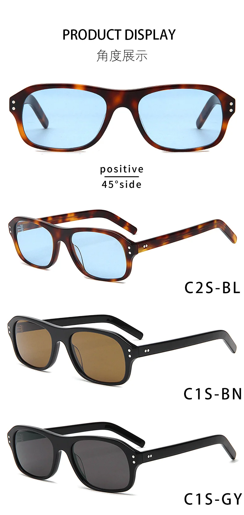 Glossy Black Tea Lens, Glossy Black Grey Lens, Tortoiseshell Blue Lens, Tortoiseshell Orange Lens, Clear Color with Grey Temple Green Lens, Clear Color with Grey Temple Grey Lens Acetate Trendy Small Square Sunglasses | Retro Rivet Acetate Shades - Details 3