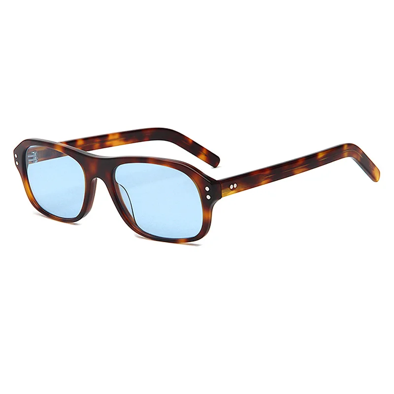 Glossy Black Tea Lens, Glossy Black Grey Lens, Tortoiseshell Blue Lens, Tortoiseshell Orange Lens, Clear Color with Grey Temple Green Lens, Clear Color with Grey Temple Grey Lens Acetate Trendy Small Square Sunglasses | Retro Rivet Acetate Shades - View 2