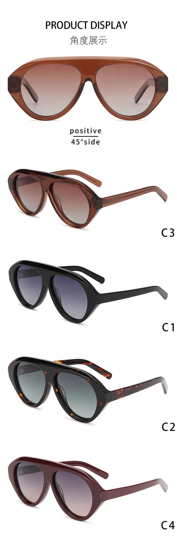 Glossy Black Gradient Grey Lens, Tortoiseshell Gradient Green Lens, Clear Tea Tea Lens, Wine Red Gradient Purple Lens Acetate European & American Oversized Frog Sunglasses for Women | Trendy Retro Acetate Shades - Details 4