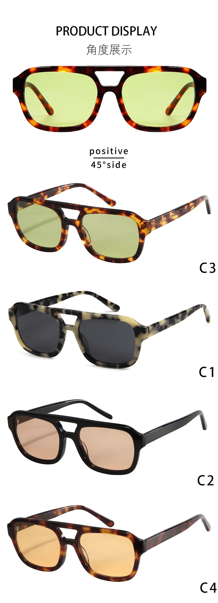 Grey Tortoiseshell Grey Lens, Black Frame Pink Lens, Tortoiseshell Frame Green Lens, Tortoiseshell Frame Yellow Lens, Tortoiseshell Frame Blue Lens, Tortoiseshell Dark Brown Lens, Tortoiseshell Dark Blue Lens, White Frame Gradient Green Lens Acetate Premium Double Bridge Fashion Sunglasses for Men & Women | European & American Runway Acetate Shades - Details 4