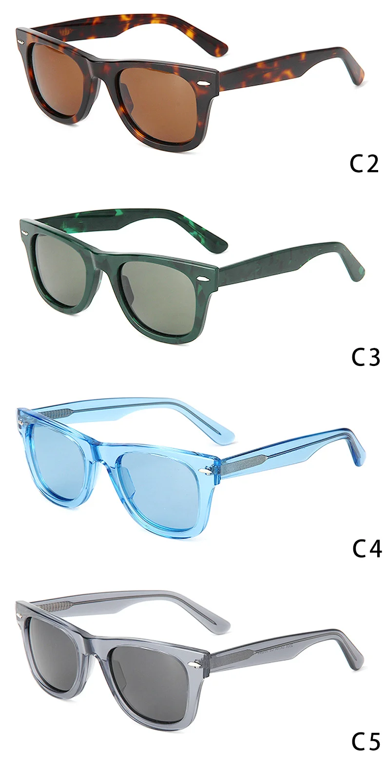 Glossy Black Green Lens, Tortoiseshell Tea Lens, Green Pattern Green Lens, Clear Blue Blue Lens, Clear Grey Grey Lens, Clear Red Orange Lens Acetate Retro Rivet Sunglasses | European & American Personalized Trendy Square Acetate Shades for Men & Women - Details 2