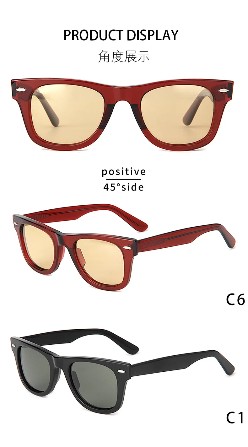 Glossy Black Green Lens, Tortoiseshell Tea Lens, Green Pattern Green Lens, Clear Blue Blue Lens, Clear Grey Grey Lens, Clear Red Orange Lens Acetate Retro Rivet Sunglasses | European & American Personalized Trendy Square Acetate Shades for Men & Women - Details 3