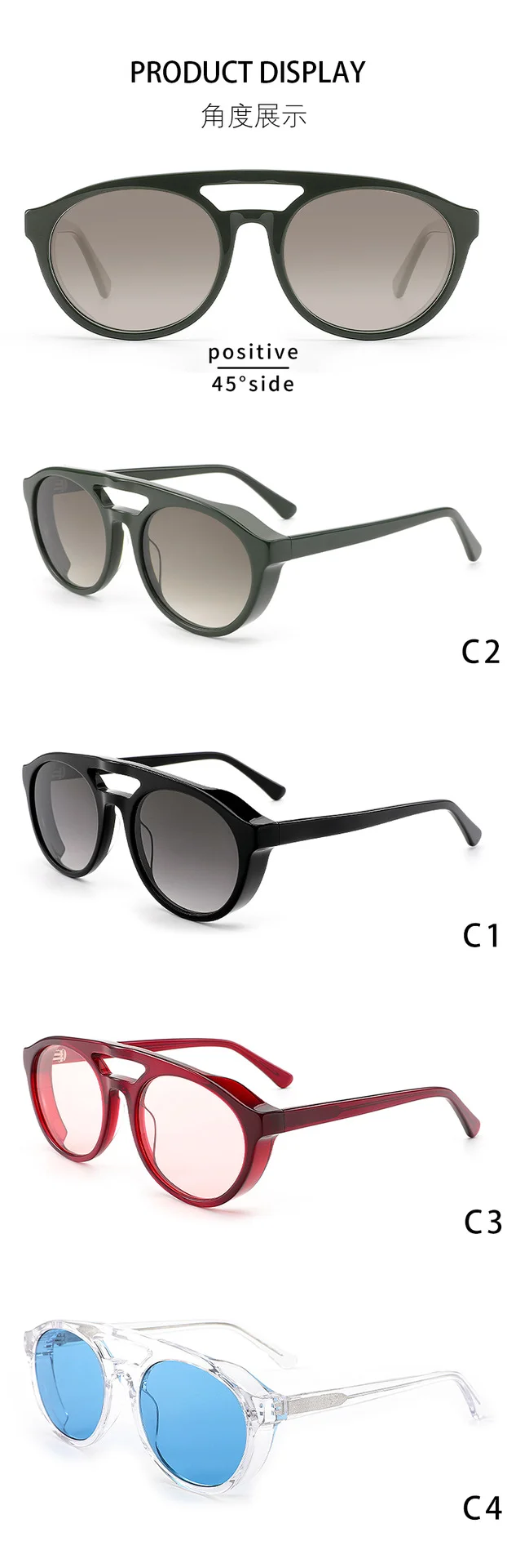Glossy Black Gradient Grey Lens, Dark Green Gradient Tea Lens, Wine Red Pink Lens, Clear Color Blue Lens Acetate Trendy Punk Double Bridge Frog Sunglasses | Cross-Border Retro Round Thick Premium Acetate Shades - Details 5