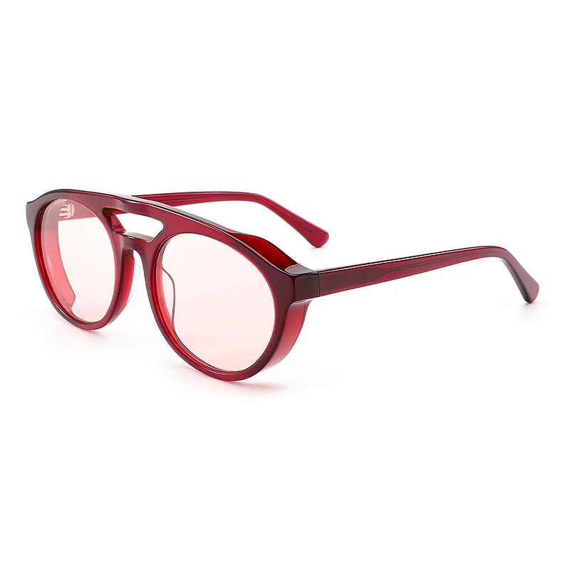 Glossy Black Gradient Grey Lens, Dark Green Gradient Tea Lens, Wine Red Pink Lens, Clear Color Blue Lens Acetate Trendy Punk Double Bridge Frog Sunglasses | Cross-Border Retro Round Thick Premium Acetate Shades - View 3