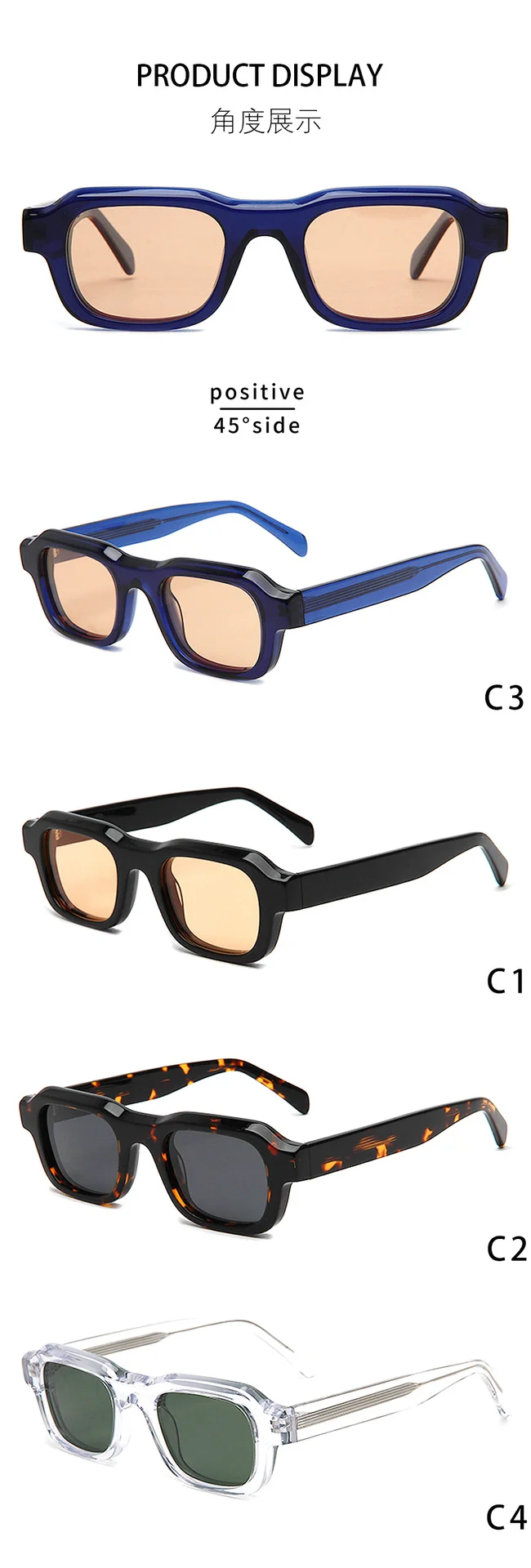Glossy Black Orange Lens, Tortoiseshell Grey Lens, Clear Blue Orange Lens, Clear Color Green Lens Acetate Square Retro Small Frame Sunglasses | Cross-Border Trendy 3D Thick Frame Premium Acetate Shades - Details 2