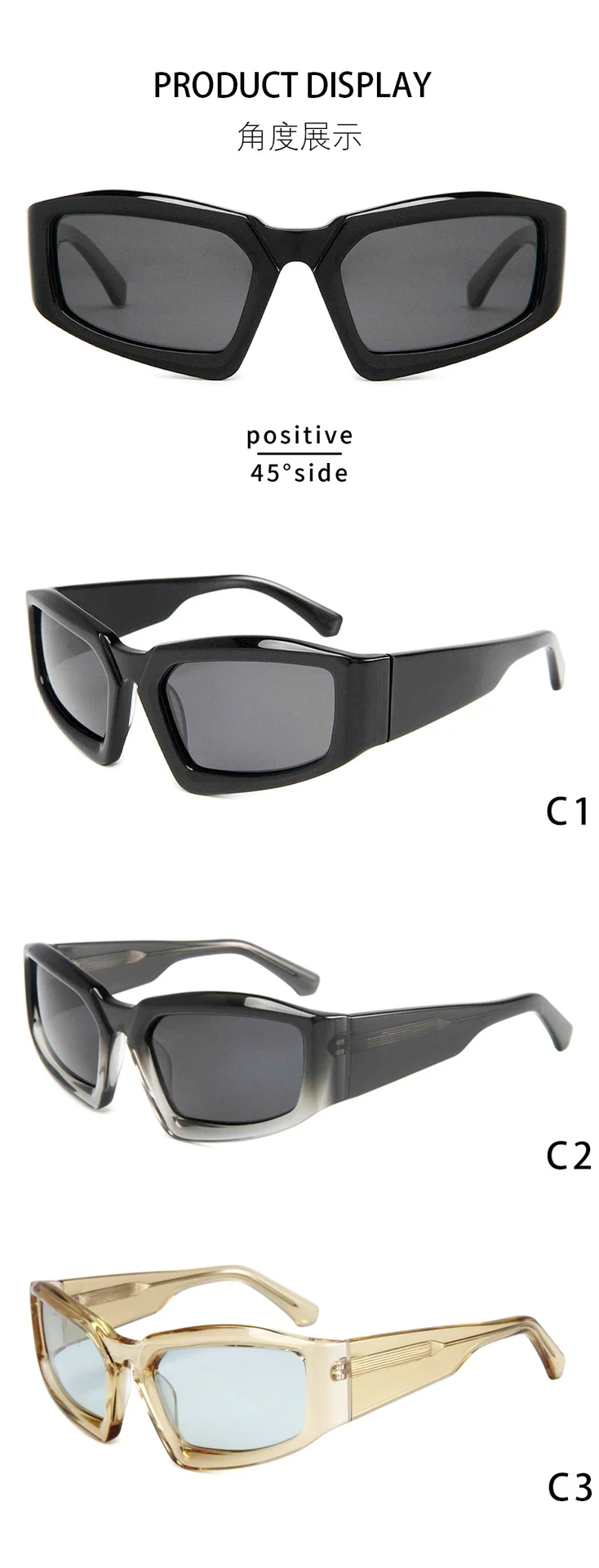 Glossy Black Grey Lens, Clear Grey Gradient Grey Lens, Clear Yellow Blue Lens Acetate Trendy Outdoor Cycling Sports Sunglasses for Men & Women | Personalized Retro Square Acetate Shades - Details 2