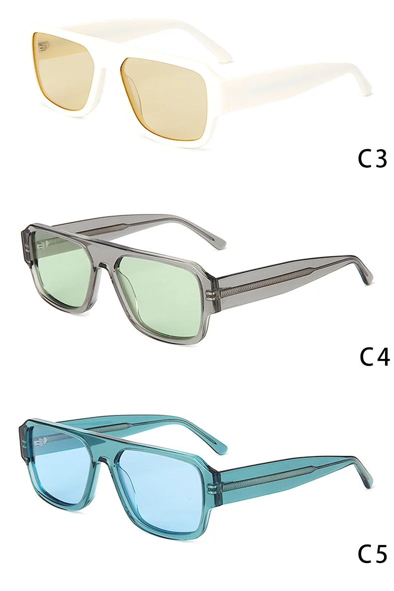 Glossy Black Orange Lens, Tortoiseshell Grey Lens, Solid White Yellow Lens, Clear Grey Green Lens, Clear Blue Blue Lens Acetate Trendy Sports Square Frame Acetate Sunglasses for Men | Retro Fashion Travel Driving UV Protection Shades - Details 2
