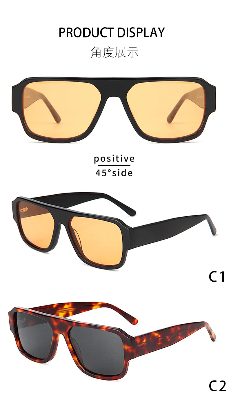 Glossy Black Orange Lens, Tortoiseshell Grey Lens, Solid White Yellow Lens, Clear Grey Green Lens, Clear Blue Blue Lens Acetate Trendy Sports Square Frame Acetate Sunglasses for Men | Retro Fashion Travel Driving UV Protection Shades - Details 3