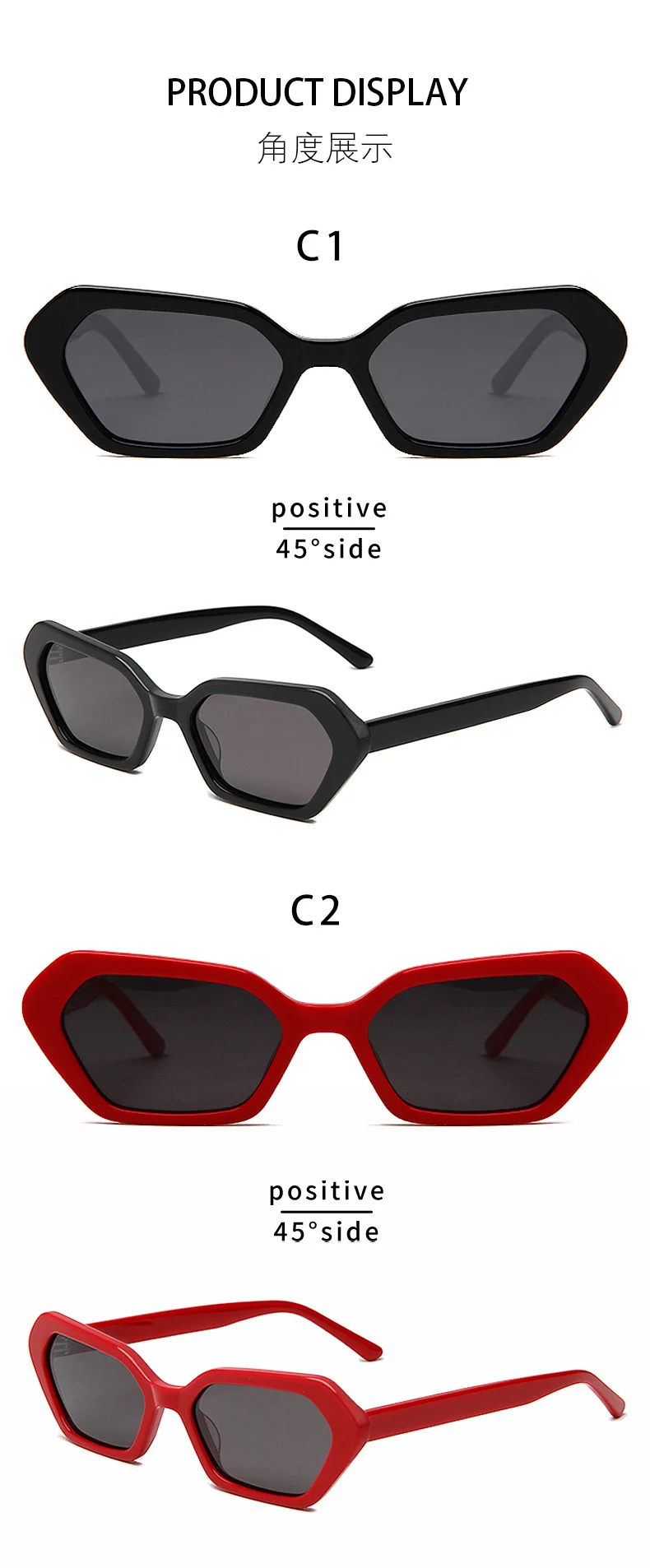 Glossy Black Grey Lens, Glossy Red Grey Lens, Tortoiseshell Grey Lens, Solid White Light Lens Acetate Personalized Cat Eye Sunglasses | Trendy Versatile Premium Street Style Retro Small Frame Polygon Acetate Shades - Details 3