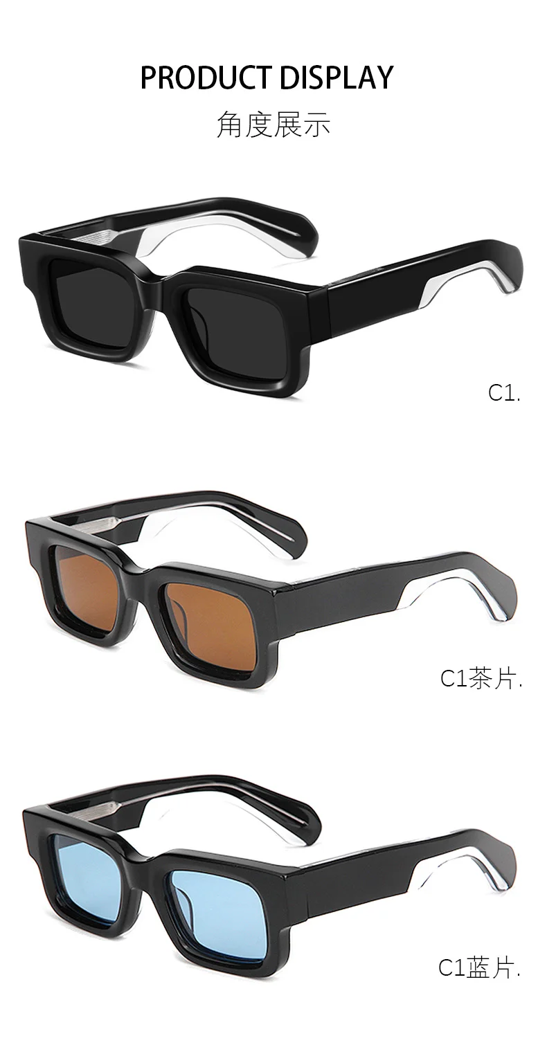 Glossy Black Grey Lens, Glossy Black Tortoiseshell Temple Grey Lens, Clear Blue Grey Lens, Solid White Pattern Grey Lens Acetate Premium Thick Small Frame Acetate Sunglasses | Personalized Mixed Material Wide Temple Polarized Shades for Men & Women - Details 2