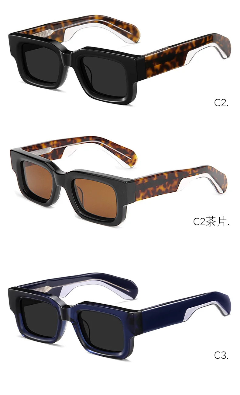 Glossy Black Grey Lens, Glossy Black Tortoiseshell Temple Grey Lens, Clear Blue Grey Lens, Solid White Pattern Grey Lens Acetate Premium Thick Small Frame Acetate Sunglasses | Personalized Mixed Material Wide Temple Polarized Shades for Men & Women - Details 3
