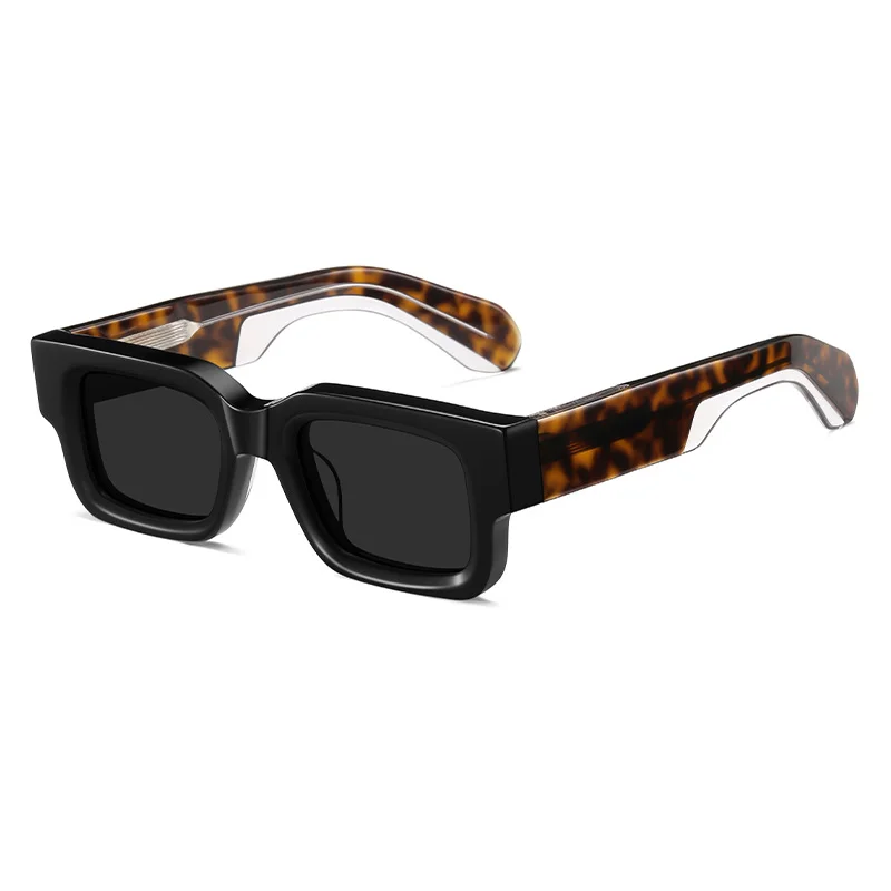 Glossy Black Grey Lens, Glossy Black Tortoiseshell Temple Grey Lens, Clear Blue Grey Lens, Solid White Pattern Grey Lens Acetate Premium Thick Small Frame Acetate Sunglasses | Personalized Mixed Material Wide Temple Polarized Shades for Men & Women - View 4