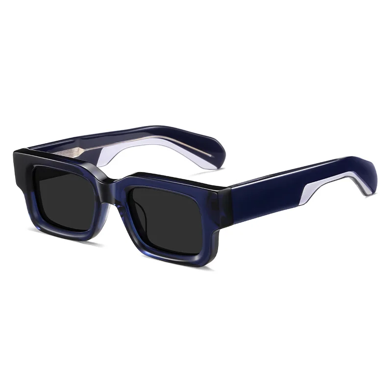 Glossy Black Grey Lens, Glossy Black Tortoiseshell Temple Grey Lens, Clear Blue Grey Lens, Solid White Pattern Grey Lens Acetate Premium Thick Small Frame Acetate Sunglasses | Personalized Mixed Material Wide Temple Polarized Shades for Men & Women - View 5