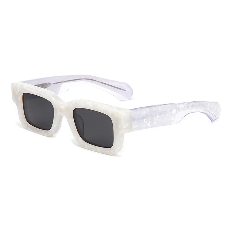 Glossy Black Grey Lens, Glossy Black Tortoiseshell Temple Grey Lens, Clear Blue Grey Lens, Solid White Pattern Grey Lens Acetate Premium Thick Small Frame Acetate Sunglasses | Personalized Mixed Material Wide Temple Polarized Shades for Men & Women - View 6