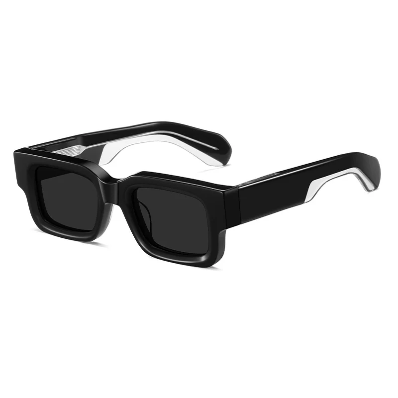 Glossy Black Grey Lens, Glossy Black Tortoiseshell Temple Grey Lens, Clear Blue Grey Lens, Solid White Pattern Grey Lens Acetate Premium Thick Small Frame Acetate Sunglasses | Personalized Mixed Material Wide Temple Polarized Shades for Men & Women - View 7
