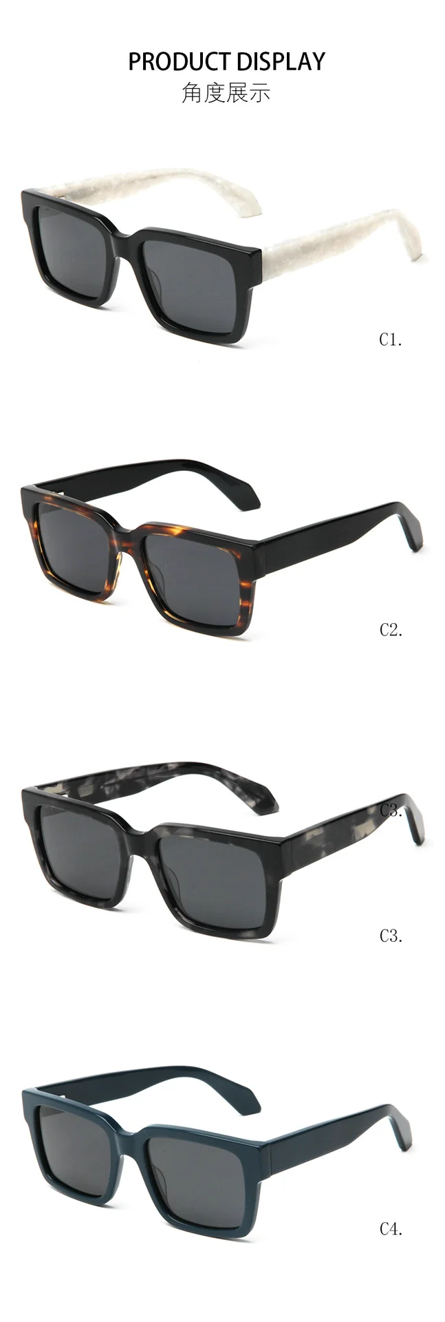 Glossy Black with Beige Fade Grey Lens, Tortoiseshell with Glossy Black Temple Grey Lens, Grey Stripe Grey Lens, Dark Green Acetate Classic Square Frame Sunglasses | Oversized UV Protection Cycling Outdoor Acetate Shades for Men & Women - Details 2