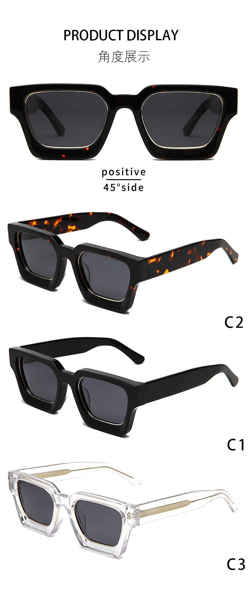 Glossy Black Frame with Gold Metal Ring Grey Lens, Tortoiseshell Frame with Gold Metal Ring Grey Lens, Clear Color Frame with Gold Metal Ring Grey Lens Acetate Personalized Metal Ring Oversized Sunglasses for Men & Women | Trendy Thick Frame Acetate Shades - Details 2