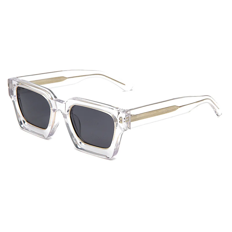 Glossy Black Frame with Gold Metal Ring Grey Lens, Tortoiseshell Frame with Gold Metal Ring Grey Lens, Clear Color Frame with Gold Metal Ring Grey Lens Acetate Personalized Metal Ring Oversized Sunglasses for Men & Women | Trendy Thick Frame Acetate Shades - View 3