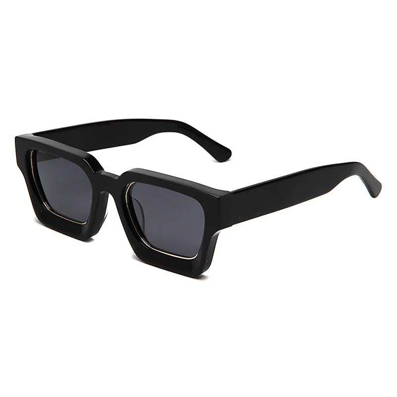 Glossy Black Frame with Gold Metal Ring Grey Lens, Tortoiseshell Frame with Gold Metal Ring Grey Lens, Clear Color Frame with Gold Metal Ring Grey Lens Acetate Personalized Metal Ring Oversized Sunglasses for Men & Women | Trendy Thick Frame Acetate Shades - View 5