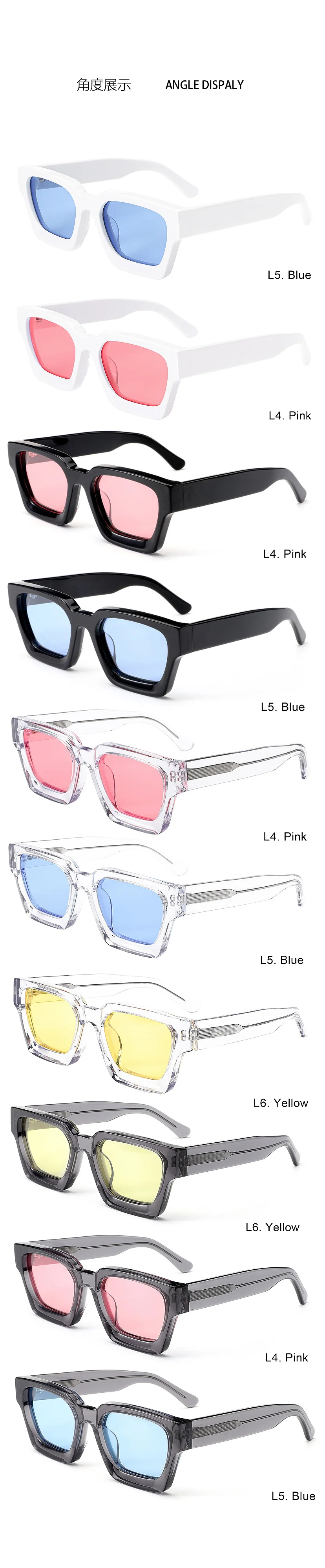 Glossy Black Pink Lens, Glossy Black Blue Lens, Clear Color Pink Lens, Clear Color Blue Lens, Clear Color Yellow Lens, Clear Grey Pink Lens, Clear Grey Blue Lens, Clear Grey Yellow Lens, Solid White Pink Lens, Solid White Blue Lens Acetate Trendy Thick Frame Sunglasses | Oversized Personalized Retro Candy Color Lens 1439 Acetate Shades - Details 2