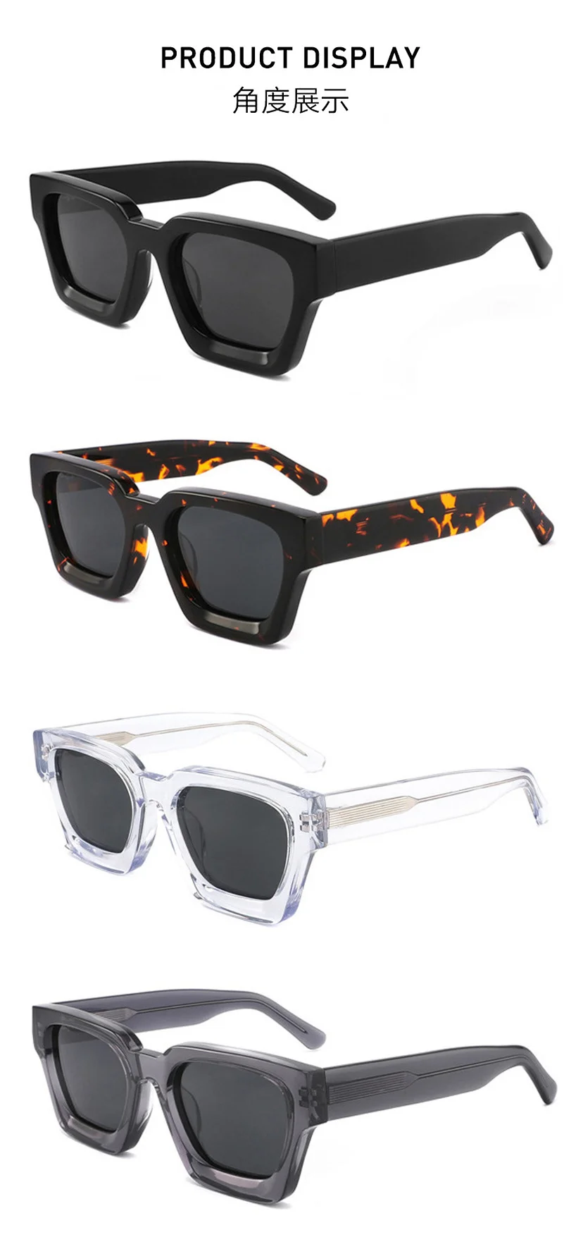 Bright Black with Gray Lens, Tortoiseshell with Gray Lens, Transparent with Gray Lens, Transparent Gray with Gray Lens, Blue Frame with Tortoiseshell Temple and Gray Lens, Red Frame with Gray Lens, White Frame with Gray Lens, Transparent Green with Gray Lens, Transparent Orange with Gray Lens, Gray Tortoiseshell with Gray Lens, Dark Green with Gray Lens Acetate Factory Direct Oversized Sunglasses – Unisex Minimalist Trendy Thick Frame Chunky Temple Sun Glasses in Stock - Details 3