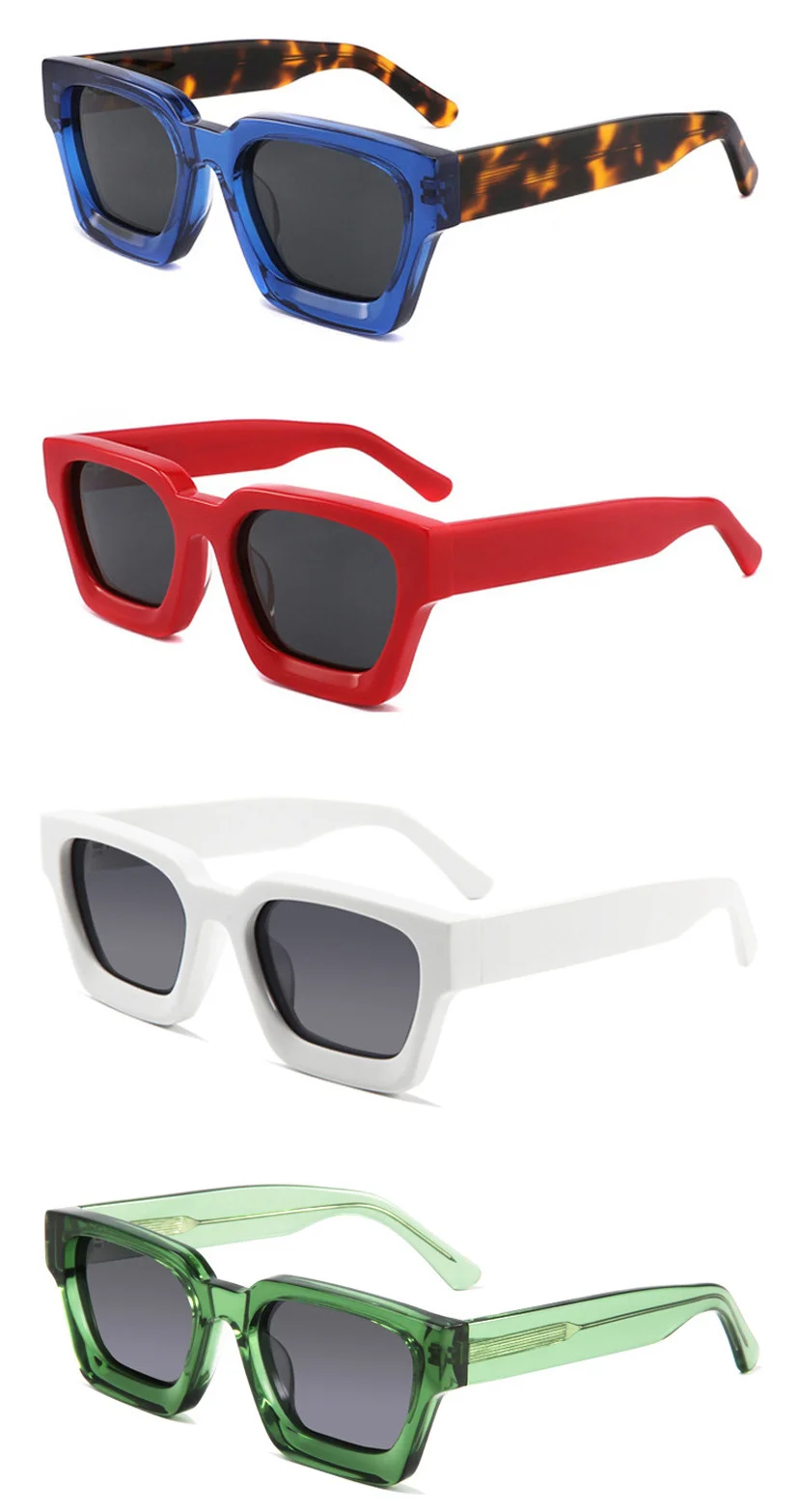 Bright Black with Gray Lens, Tortoiseshell with Gray Lens, Transparent with Gray Lens, Transparent Gray with Gray Lens, Blue Frame with Tortoiseshell Temple and Gray Lens, Red Frame with Gray Lens, White Frame with Gray Lens, Transparent Green with Gray Lens, Transparent Orange with Gray Lens, Gray Tortoiseshell with Gray Lens, Dark Green with Gray Lens Acetate Factory Direct Oversized Sunglasses – Unisex Minimalist Trendy Thick Frame Chunky Temple Sun Glasses in Stock - Details 4
