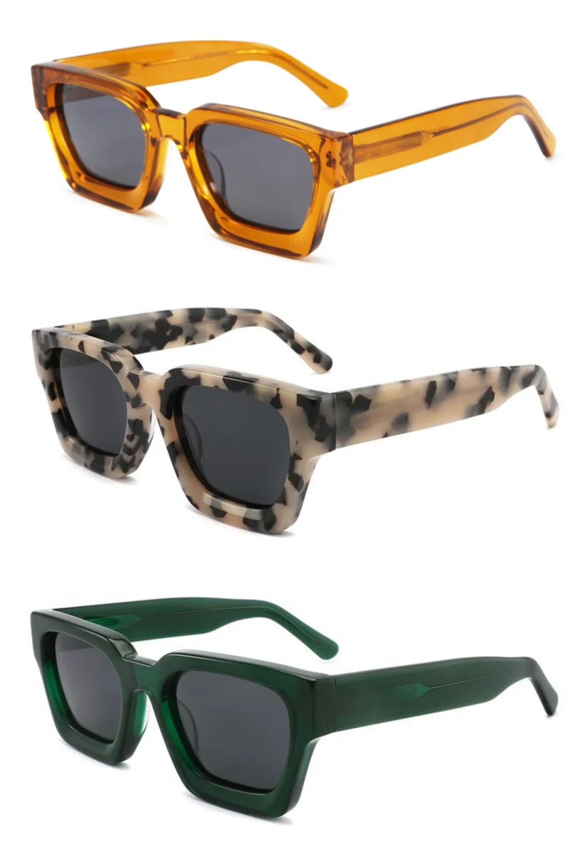 Bright Black with Gray Lens, Tortoiseshell with Gray Lens, Transparent with Gray Lens, Transparent Gray with Gray Lens, Blue Frame with Tortoiseshell Temple and Gray Lens, Red Frame with Gray Lens, White Frame with Gray Lens, Transparent Green with Gray Lens, Transparent Orange with Gray Lens, Gray Tortoiseshell with Gray Lens, Dark Green with Gray Lens Acetate Factory Direct Oversized Sunglasses – Unisex Minimalist Trendy Thick Frame Chunky Temple Sun Glasses in Stock - Details 5