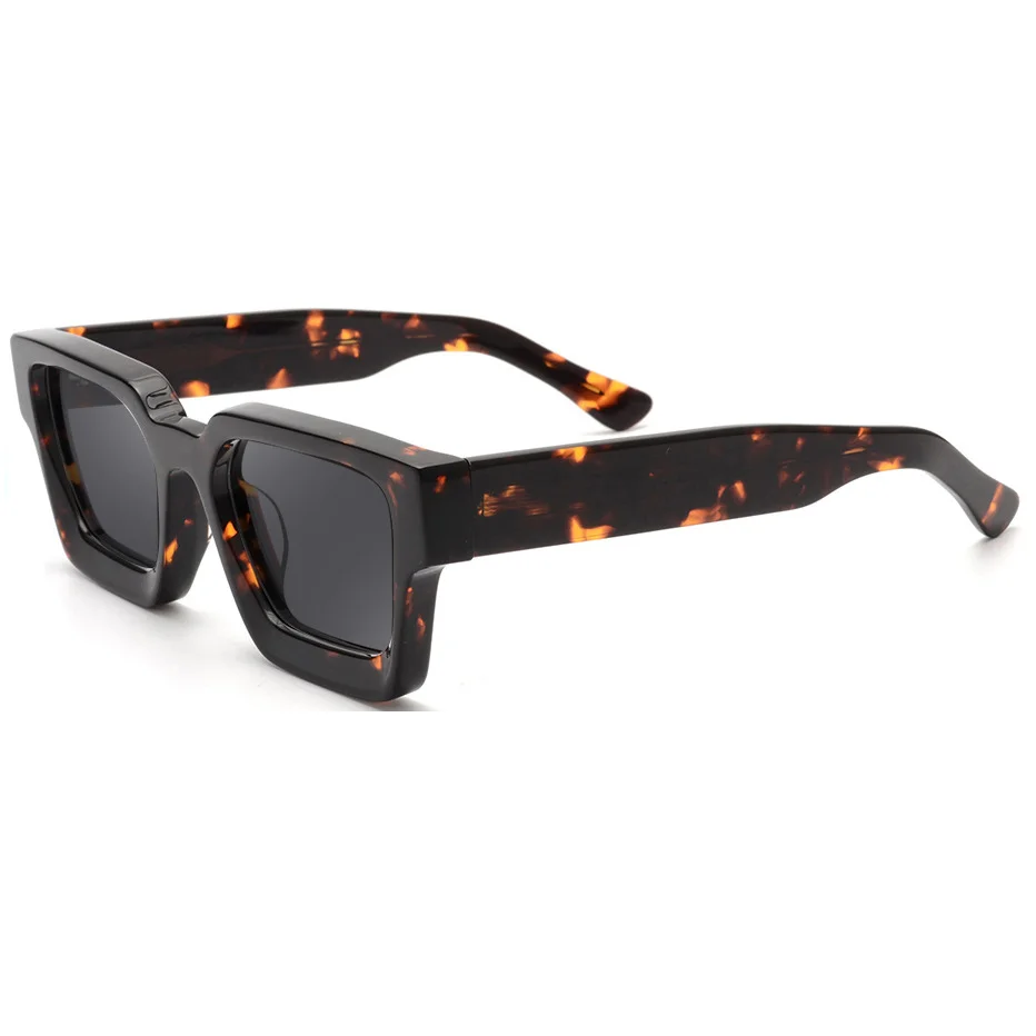 Bright Black with Gray Lens, Tortoiseshell with Gray Lens, Transparent with Gray Lens, Transparent Gray with Gray Lens, Blue Frame with Tortoiseshell Temple and Gray Lens, Red Frame with Gray Lens, White Frame with Gray Lens, Transparent Green with Gray Lens, Transparent Orange with Gray Lens, Gray Tortoiseshell with Gray Lens, Dark Green with Gray Lens Acetate Factory Direct Oversized Sunglasses – Unisex Minimalist Trendy Thick Frame Chunky Temple Sun Glasses in Stock - View 4