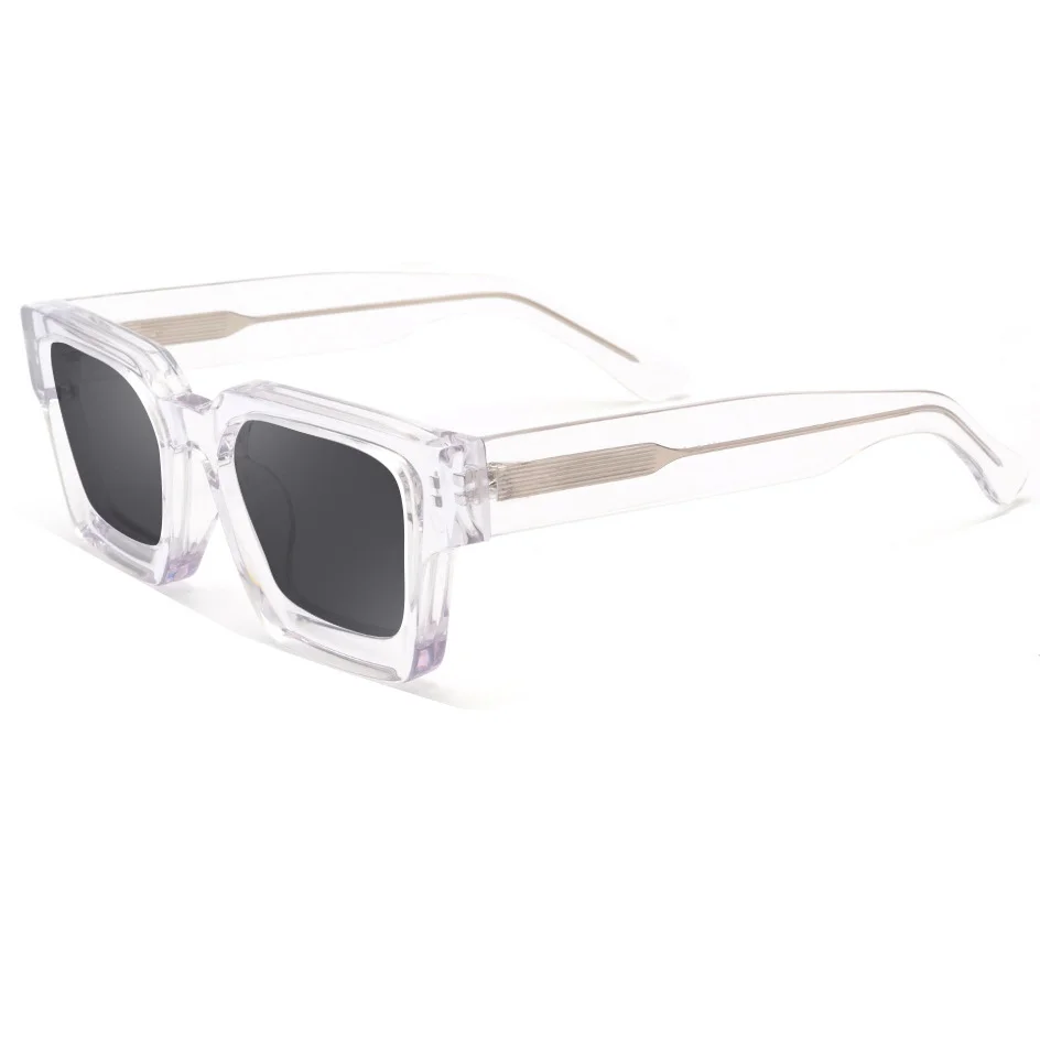 Bright Black with Gray Lens, Tortoiseshell with Gray Lens, Transparent with Gray Lens, Transparent Gray with Gray Lens, Blue Frame with Tortoiseshell Temple and Gray Lens, Red Frame with Gray Lens, White Frame with Gray Lens, Transparent Green with Gray Lens, Transparent Orange with Gray Lens, Gray Tortoiseshell with Gray Lens, Dark Green with Gray Lens Acetate Factory Direct Oversized Sunglasses – Unisex Minimalist Trendy Thick Frame Chunky Temple Sun Glasses in Stock - View 5