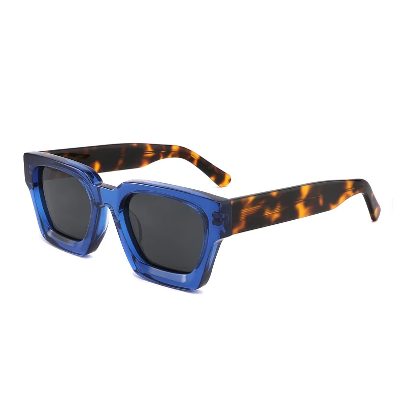 Bright Black with Gray Lens, Tortoiseshell with Gray Lens, Transparent with Gray Lens, Transparent Gray with Gray Lens, Blue Frame with Tortoiseshell Temple and Gray Lens, Red Frame with Gray Lens, White Frame with Gray Lens, Transparent Green with Gray Lens, Transparent Orange with Gray Lens, Gray Tortoiseshell with Gray Lens, Dark Green with Gray Lens Acetate Factory Direct Oversized Sunglasses – Unisex Minimalist Trendy Thick Frame Chunky Temple Sun Glasses in Stock - View 6