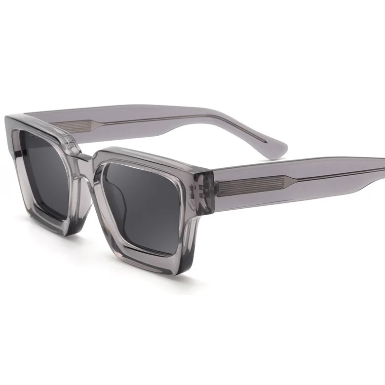 Bright Black with Gray Lens, Tortoiseshell with Gray Lens, Transparent with Gray Lens, Transparent Gray with Gray Lens, Blue Frame with Tortoiseshell Temple and Gray Lens, Red Frame with Gray Lens, White Frame with Gray Lens, Transparent Green with Gray Lens, Transparent Orange with Gray Lens, Gray Tortoiseshell with Gray Lens, Dark Green with Gray Lens Acetate Factory Direct Oversized Sunglasses – Unisex Minimalist Trendy Thick Frame Chunky Temple Sun Glasses in Stock - View 8