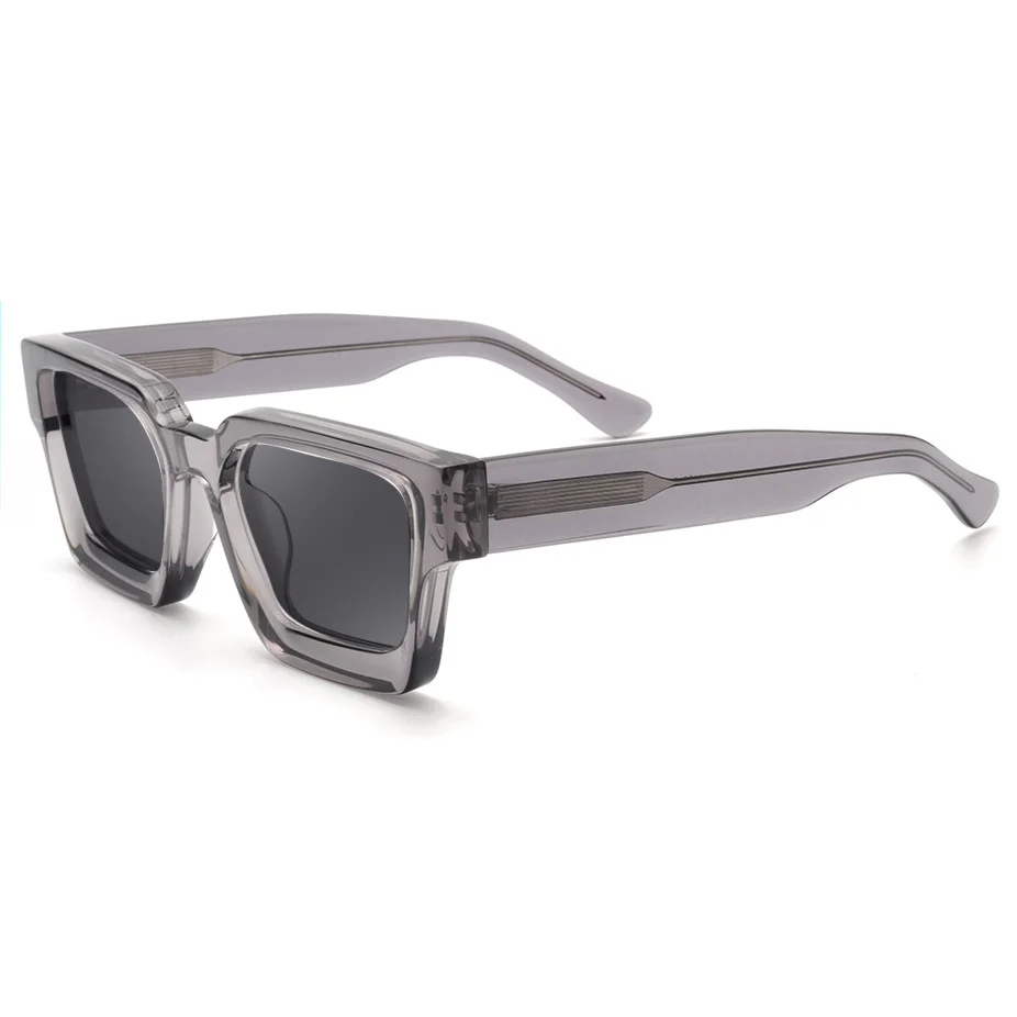 Bright Black with Gray Lens, Tortoiseshell with Gray Lens, Transparent with Gray Lens, Transparent Gray with Gray Lens, Blue Frame with Tortoiseshell Temple and Gray Lens, Red Frame with Gray Lens, White Frame with Gray Lens, Transparent Green with Gray Lens, Transparent Orange with Gray Lens, Gray Tortoiseshell with Gray Lens, Dark Green with Gray Lens Acetate Factory Direct Oversized Sunglasses – Unisex Minimalist Trendy Thick Frame Chunky Temple Sun Glasses in Stock - View 12