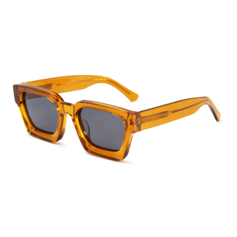 Bright Black with Gray Lens, Tortoiseshell with Gray Lens, Transparent with Gray Lens, Transparent Gray with Gray Lens, Blue Frame with Tortoiseshell Temple and Gray Lens, Red Frame with Gray Lens, White Frame with Gray Lens, Transparent Green with Gray Lens, Transparent Orange with Gray Lens, Gray Tortoiseshell with Gray Lens, Dark Green with Gray Lens Acetate Factory Direct Oversized Sunglasses – Unisex Minimalist Trendy Thick Frame Chunky Temple Sun Glasses in Stock - View 13