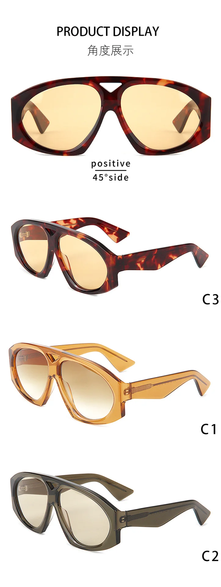 Clear Orange Gradient Brown Lens, Clear Green Lens, Tortoiseshell Orange Lens Acetate Trendy Double Bridge Acetate Oversized Frog Sunglasses | Retro Influencer Wide Temple Shades for Women - Details 2