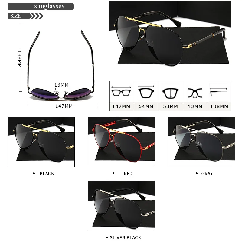 Red, Black, Gun Metal High Quality Men's Designer Polarized Sunglasses Famous Brands Luxury Metal Shades for Driving Black and Red Frame Colors - Details 2